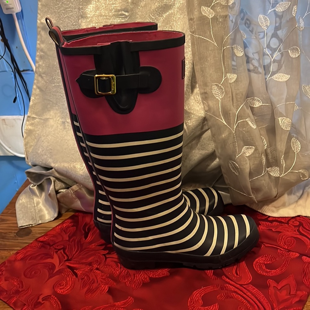 Joules Blue and pink Rubber Striped Rain Boots T-welleyprint wore a few time - Picture 5 of 6